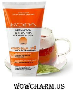 "Кора" / Крем-гель для загара для лица и тела активатор загара SPF 8
